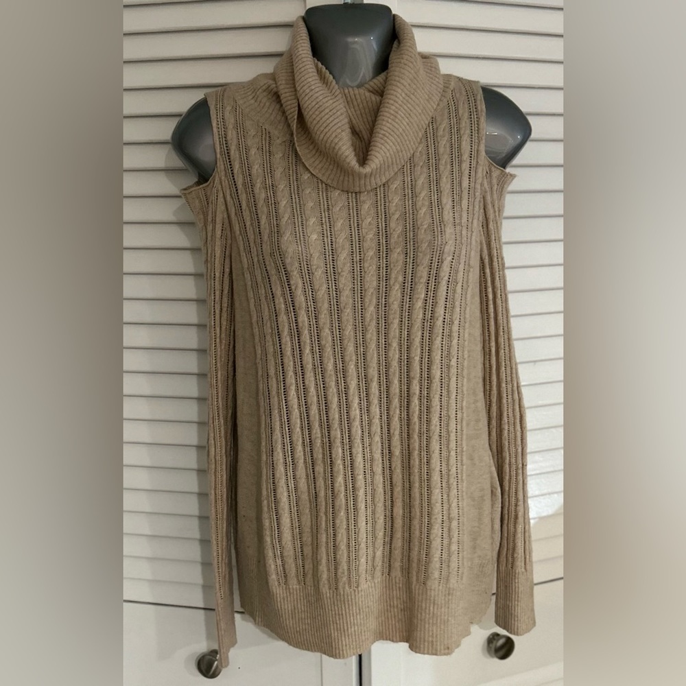 Cliche’ cowl neck cold shoulder open stitch sweater